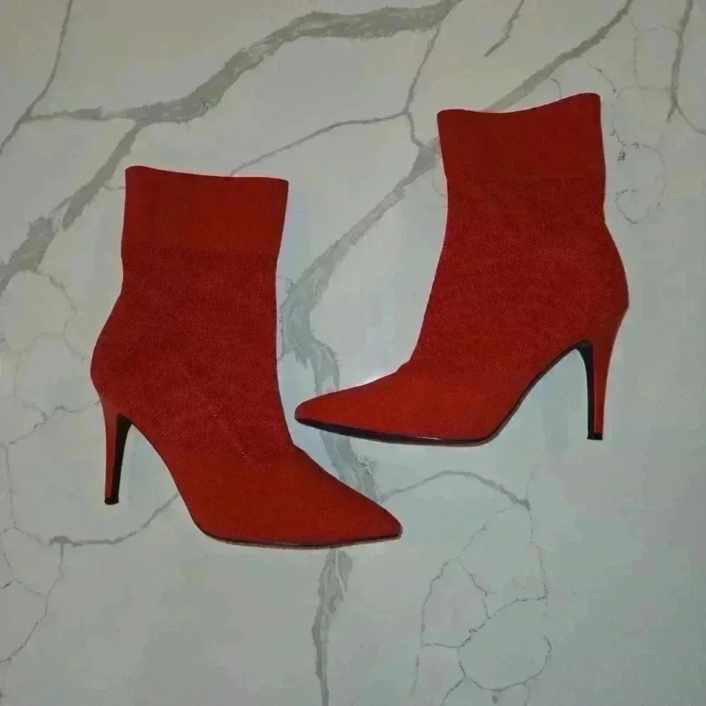 Brash Xaya Mid Calf Pointed Toe Stiletto Sock Boots Red Size 12W